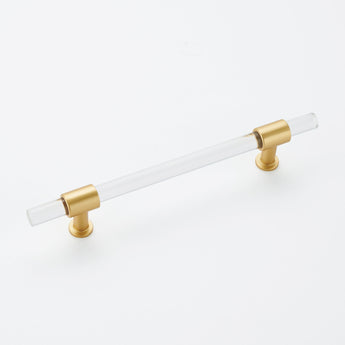 4in Hole Centers Cabinet Pulls, Clear Acrylic Drawer Pulls, Brushed Brass Finish with Zinc Alloy Base(102mm Hole Center)